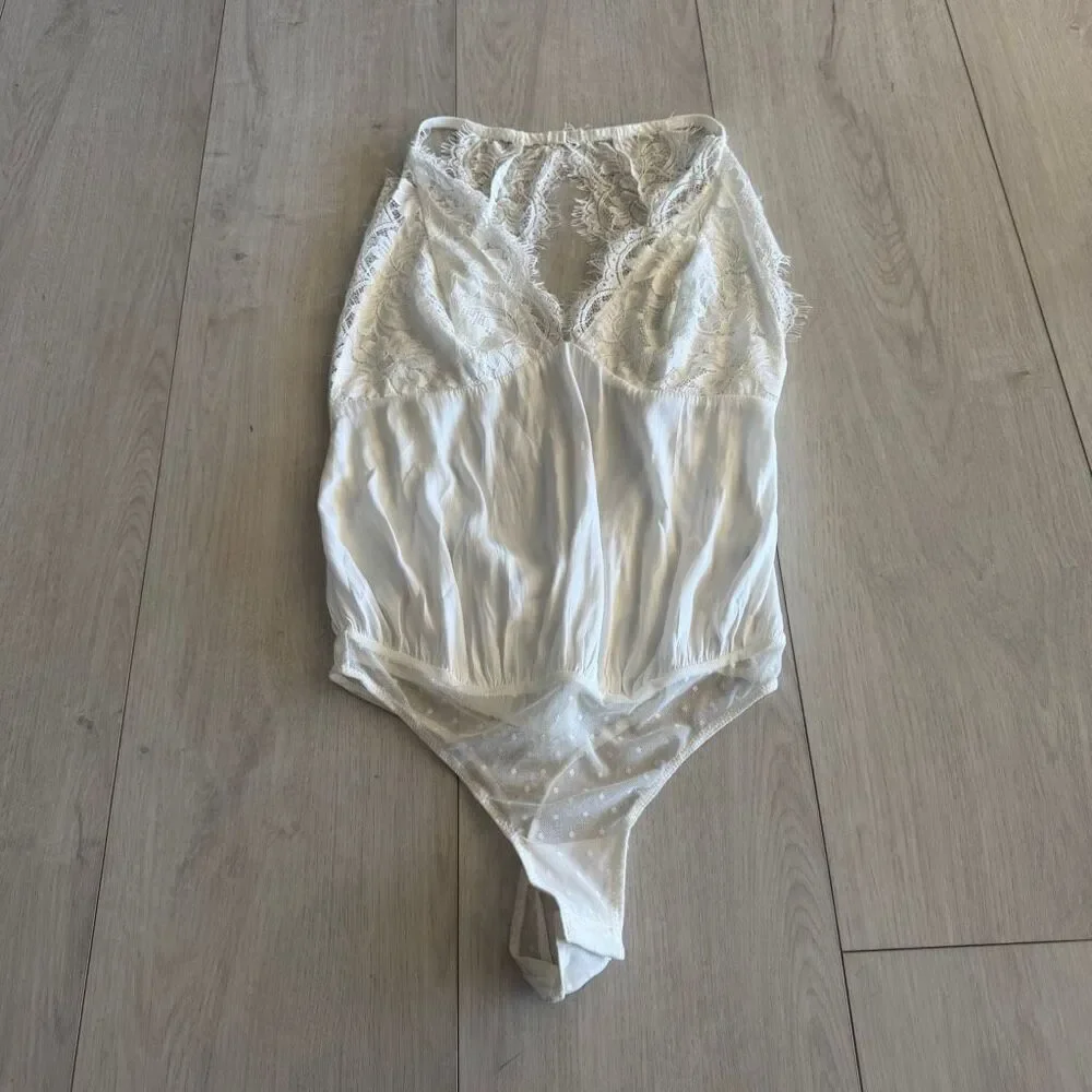 Free People Melrose Bodysuit Lace Inlay Satin White size S
